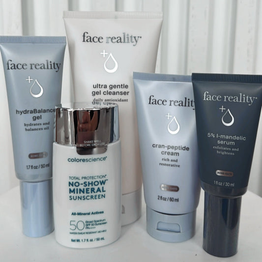 2026 Open House - Acne Skincare Package - Ultra Gentle Cleanser, 5% Mandelic Serum, Cran-Peptide Cream, HydraBalance Gel, No-Show Mineral Protection 50SPF, and BBL Forever Clear